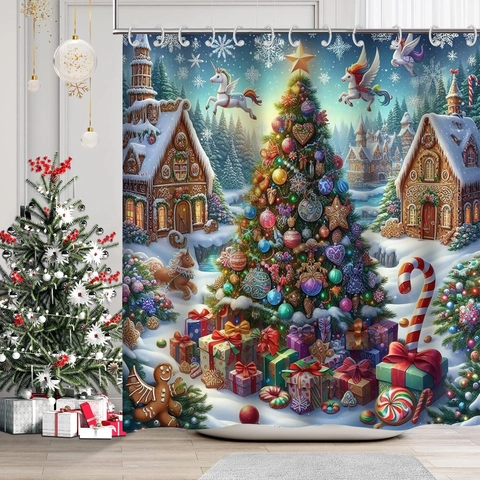 Christmas Bathroom Shower Curtain And Bath Mat Waterproof Polyester Fabric Gingerbread House Decor Holiday Home Decor