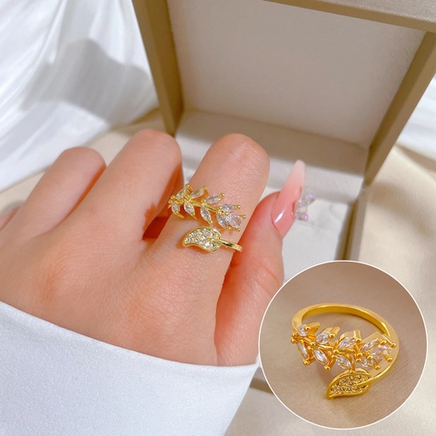 Blatt Verstellbarer Ring Echgold Vergoldetes Kupfer Zirkonia Eleganter Mikroeingelegter Schmuck Damen