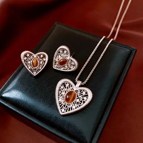 Vintage Hollow Heart Jewelry Necklace And Earrings Copper Zircon Tiger Eye Women Luxury Design With 925 Sterling Silver Earring Post