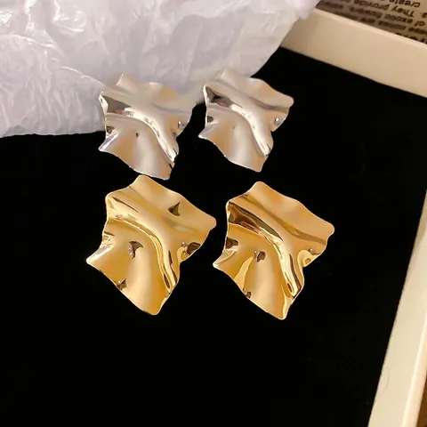 Irregular Crumpled Square Stud Earrings With Silver Earring Post Minimalist Liquid Metal Style Gold Silver Jewelry For Women