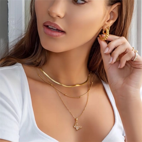 Double Layer Necklace 304 Stainless Steel 18K Gold Plated Snake And Twist Chain Minimalist Jewelry For Women