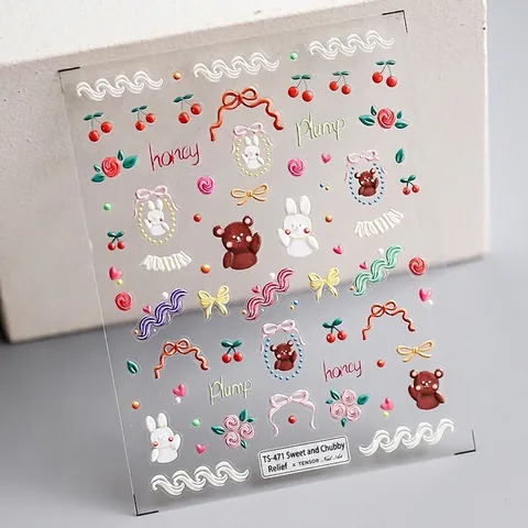 Adesivi Per Unghie 5D Rilievo Simpatico Orso Coniglio Cartone Animato Autoadesivi Decorazione Manicure DIY