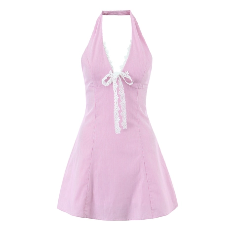 Striped Halter Mini Dress Lace Trim Deep V Neck Sleeveless Backless Sweet Summer Sundress For Women Polyester