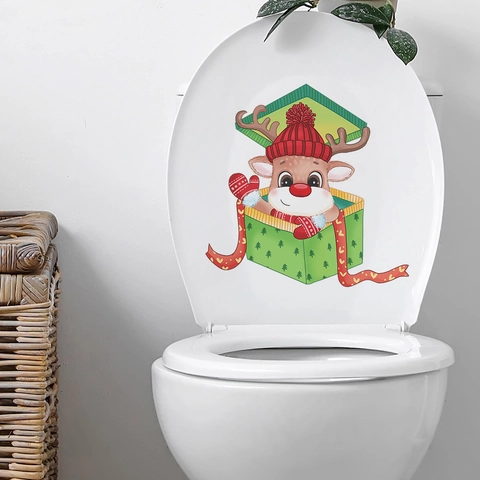 Christmas Reindeer Gift Box Toilet Sticker PVC Waterproof Removable Bathroom Decal Home Holiday Festive Wall Sticker Decor