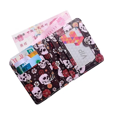 Gothic Totenkopf Print Bifold Brieftasche PVC Leder Kurze Kartenhalter Mit Reißverschluss Münzfach Für Herren Damen
