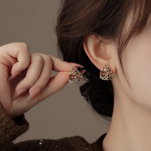 Geometric Triangle Hollow Stud Earrings For Women Alloy Multicolored Rhinestones With Silver Earring Post Vintage Style