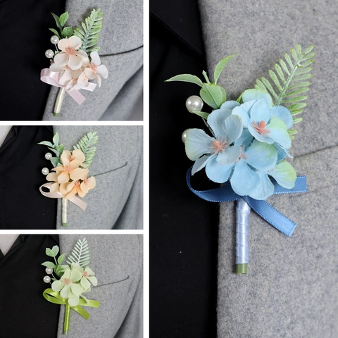 Hochzeit Boutonniere Künstliche Satin Hortensie Blume Für Bräutigam Trauzeugen Brautparty Bankett Elegante Brosche Mit Künstliche Perle