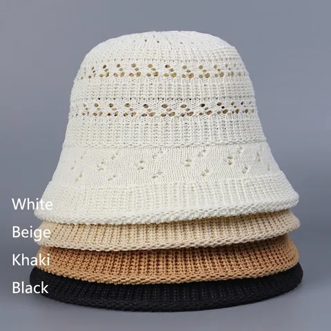 Women Summer Knitted Bucket Hat Breathable Hollow Out Sun Hat Minimalist Foldable Polyester Fisherman Hat For Outdoor Travel Beach