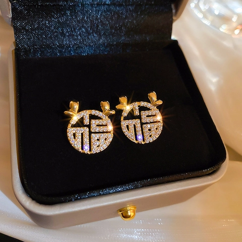 Antler Fu Character Stud Earrings With Silver Earring Post Pave Zircon Gold Plated Vintage Jewelry For Women