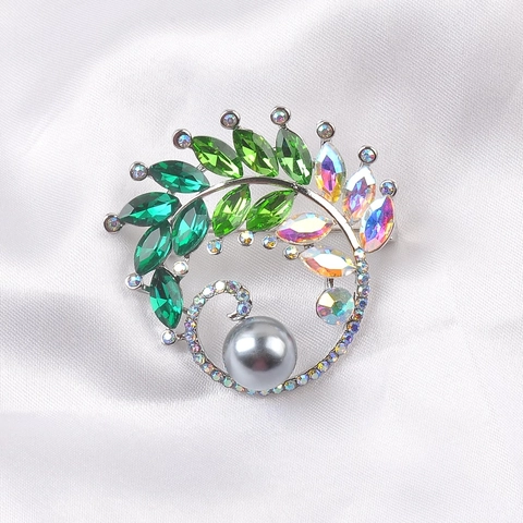 Spilla In Cristallo Verde Pietre Iridescenti Perla Artificial Grigia Design A Foglia Lega Gioielli Donna Accessorio Elegante