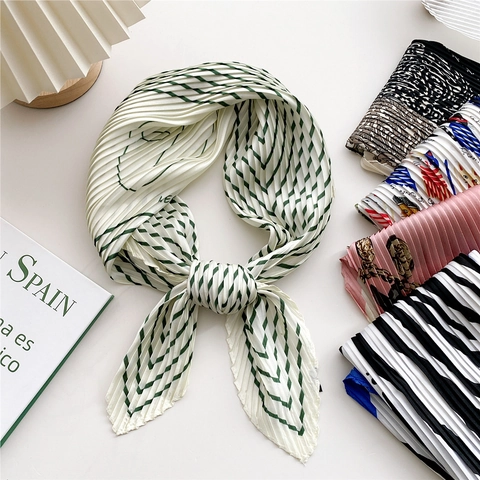 Sciarpa Quadrata Pieghettata Donna Poliestere Setoso Stampato Foulard Collo Testa Accessorio Pieghettato