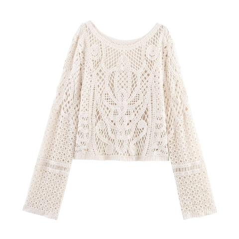 Dames Crème Gehaakte Gebreide Top Met Lange Mouwen Ronde Hals Boheemse Stijl Elegante Korte Trui