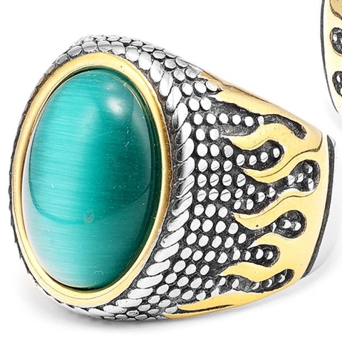 Anello Vintage Da Uomo In Acciaio Inossidabile 316 Con Pietra Occhio Di Gatto Verde Bicolore Fiamma Intagliata Punk Gotico