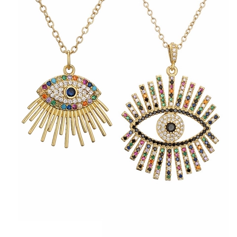 Evil Eye Anhänger Halskette Kupfer Vergoldet Mit Bunten Zirkon Hamsa Hand Boho Schmuck Für Damen