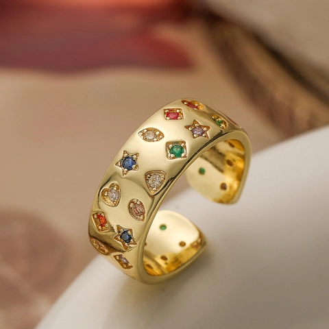 Anello Aperto Geometrico Placcato Oro Vintage Per Donna Zirconia Colorata Doppia Fila Anello Da Dito Regolabile Regalo Di Gioielli Di Moda