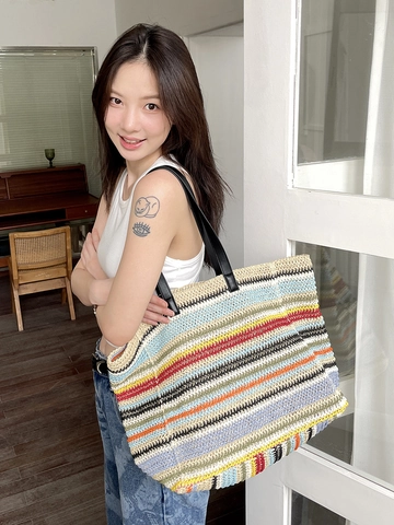 Sac Fourre-Tout Tissé En Paille À Rayures Grande Capacité Arc-En-Ciel Coloré Sac À Main De Plage Été Épaule Femme