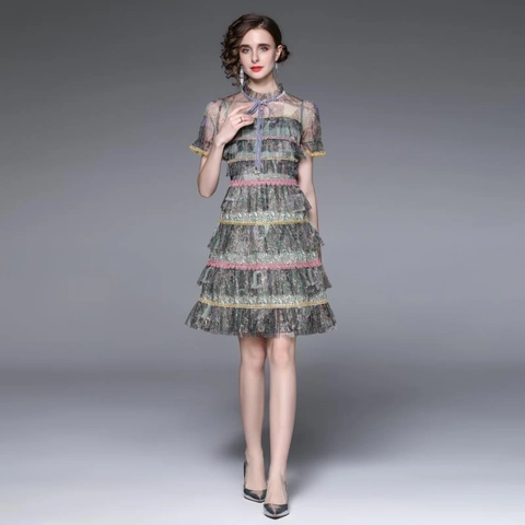 Vestito A Strati In Mesh Con Stampa Floreale Vintage Elegante Bordo In Pizzo Con Volant Fiocco Manica Corta Vita Alta Donna