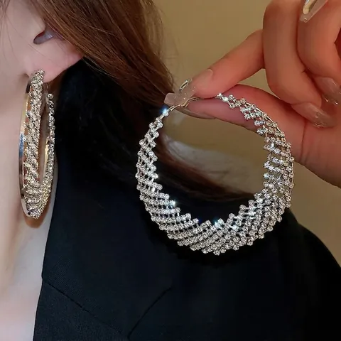 Large Rhinestone Hoop Earrings With Silver Earring Post Alloy Shiny Exaggerated Fashion Statement Jewelry For Women
