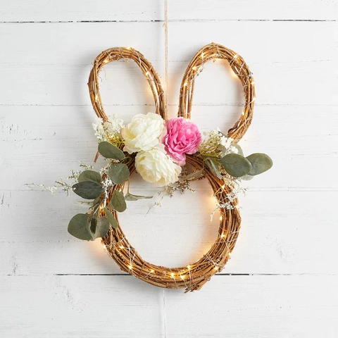 Easter Bunny Wreath Rattan Rabbit Shape Artificial Satin Peony Flower Eucalyptus Leaf Warm White LED Light Door Hanging