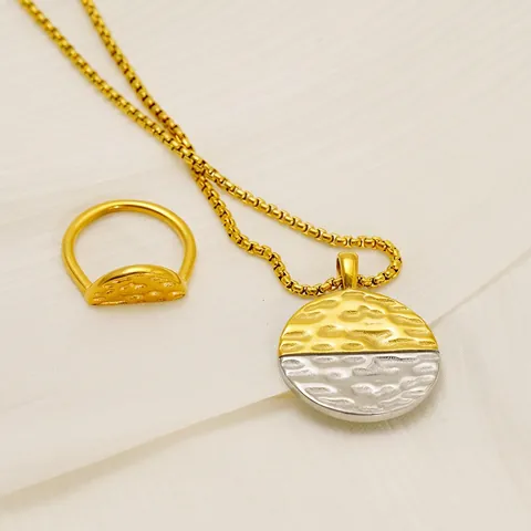 Two Tone Hammered Round Pendant Necklace Ring Jewelry Set Stainless Steel 18K Gold Plated Box Chain For Women Fashion