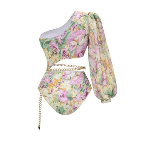Costume Da Bagno Intero A Fiori Monospalla Manica Lunga Monokini Con Ritaglio E Catena In Metallo Per La Vacanza