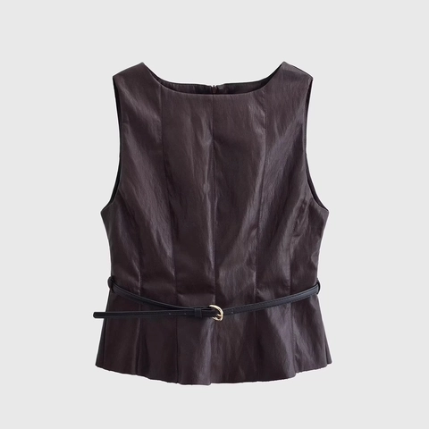 Sleeveless Peplum Top And Midi Slit Skirt Faux Leather PU Belted Solid Color Chic Streetwear Women