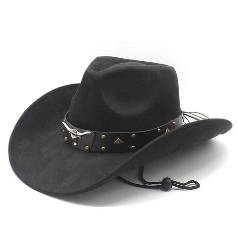 Western Cowboy Hat Suede Texture Bull Head Metal Decor Wide Brim Sun Protection Adjustable Wind Rope Retro Style Unisex