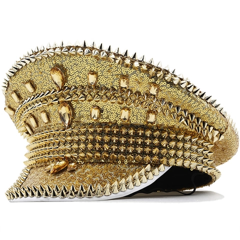 Shimmering Sequin Captain Hat With Metal Spikes And Rhinestones Punk Military Performance Headwear For Rave Party Festival
