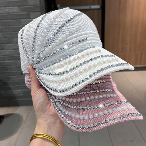 Cappellino da Baseball in Maglia Senza Cupola da Donna Con Perla Artificiale e Strass Visiera parasole per Spiaggia Estiva