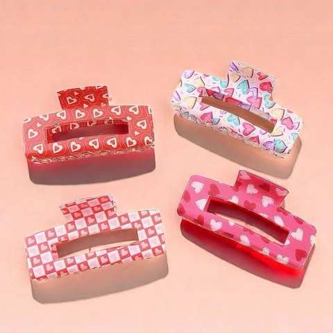 Pinces À Cheveux PVC Motif Cœur Damier Carré Creux Pince Requin Douce Saint Valentin Romantique Accessoires Cheveux Femmes