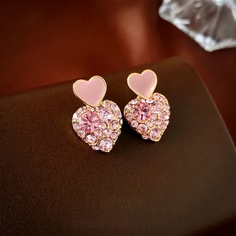 Double Heart Stud Earrings With 925 Sterling Silver Earring Post Pink Alloy Rhinestone Enamel Elegant Fashion Women