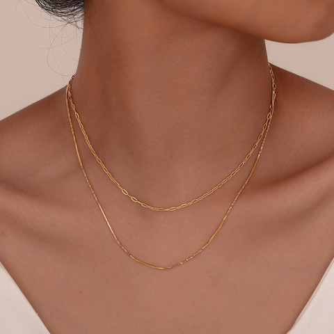 Collana A Doppio Strato In Acciaio Inossidabile Placcato Oro Catena Paperclip E Catena A Serpente Moda Minimalista Per Donna