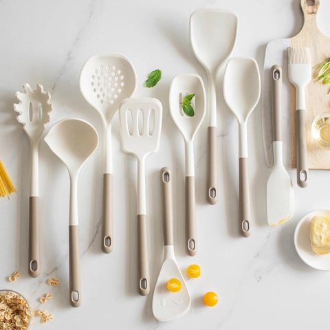 Collection Ustensiles De Cuisine En Silicone Résistant À La Chaleur Outils De Cuisine Antiadhésifs Avec Spatule Louche Pinceau Blanc Crème
