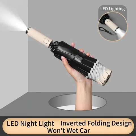 Paraguas Plegable Inverso Automático Con Mango LED Borde Reflectante Resistente Al Viento Protección UV Sol Lluvia