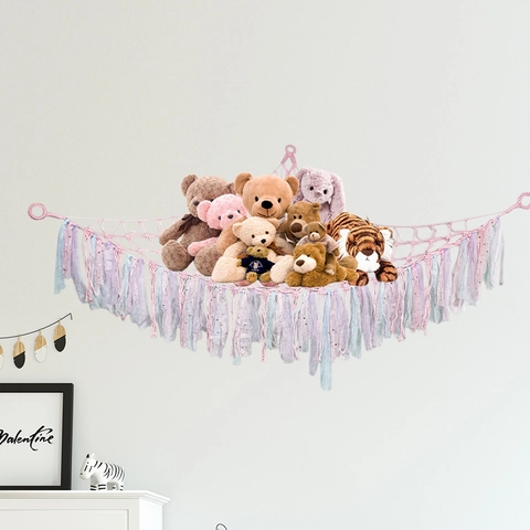 Macrame Toy Storage Hammock Woven Cotton Rope Corner Wall Hanging Net With Tassels For Nursery Kids Playroom Boho Decor