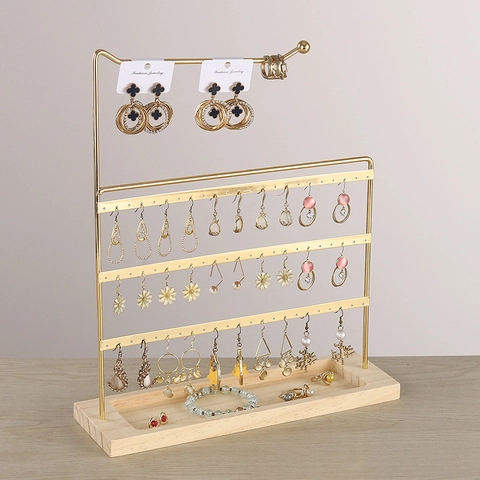 Jewelry Display Stand Metal Earring Holder With Wooden Base Multi Layer Necklace Organizer Desktop Storage Rack