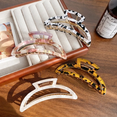 Large Acetate Claw Clip Alloy Spring Shark Hair Clamp Tortoiseshell Marble Pattern Half Moon Hollow Fashion For Women