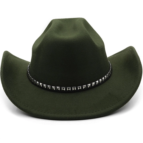 Cappello Da Cowboy Western In Feltro Di Lana Con Fascia In Pelle Borchiata Quadrata Tesa Larga Arricciata Retro Jazz Fedora Unisex
