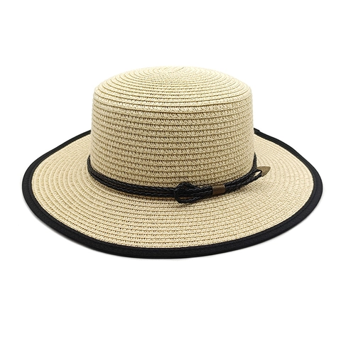 Cappello Paglia Boater Donna Testa Piatta Tesa Larga Protezione Solare Estate Spiaggia Moda Banda Intrecciata Elegante