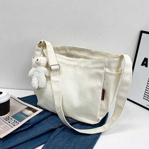 Canvas Messenger Shoulder Bag Large Capacity Harajuku Ulzzang Style Contrast Color Adjustable Strap Casual Women Bag