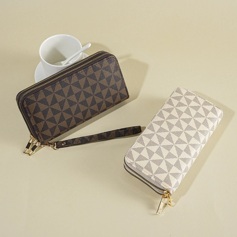 Lange Geldbörse Mit Doppelreißverschluss Damen PU-Leder Geometrischer Druck Clutch Handschlaufe Kartenfächer Großes Volumen