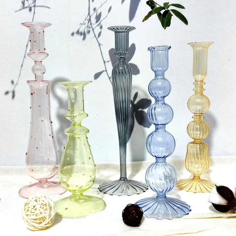 Colored Glass Candle Holder Borosilicate Glass Transparent Ribbed Bubbled Candlestick For Dinner Table Decor Ornament