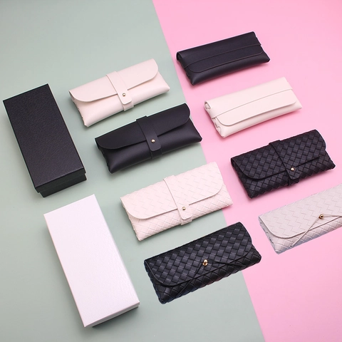 Fashionable PU Leather Glasses Case Portable Woven Texture Soft Sunglasses Pouch Protective Eyewear Storage And Cleaning Cloth