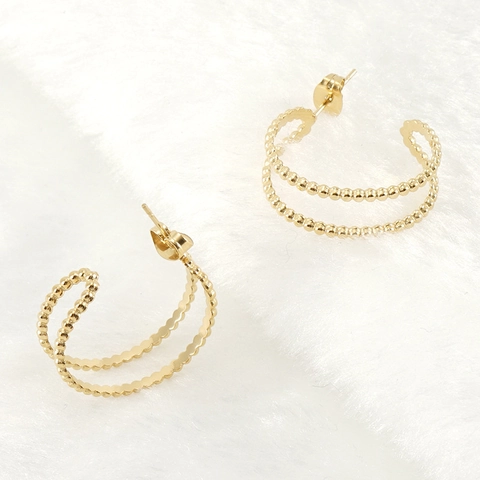 Pendientes De Aro En Forma De C Con Doble Fila De Cuentas Acero Inoxidable Chapado En Oro De 18K Retro