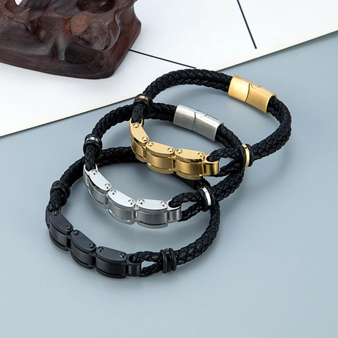 Bracelet En Cuir Véritable Tressé Avec Fermoir Magnétique En Acier Inoxydable 316L Bangle Punk Personnalisé Homme