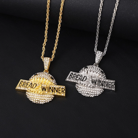 Collana Con Pendente Hip Hop Bread Winner Lega Strass Iced Out Pianeta Sfera Gioielli Rap Streetwear Da Uomo