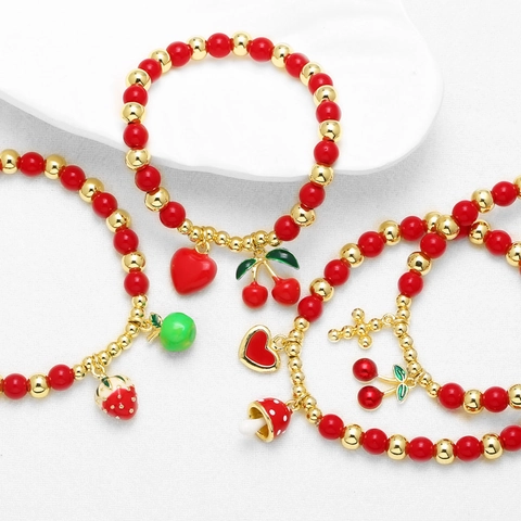 Dulce Pulsera de Cuentas de Frutas de Cobre y Esmalte para Mujer Rojo Oro Cuentas Cereza Fresa Corazón Champiñón Cruz Colgante Joyería de Moda