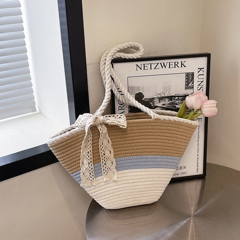 Woven Tote Bag Women Cotton Rope Color Block Large Capacity Summer Beach Vacation Lace Bow Decor Casual Shoulder Purse
