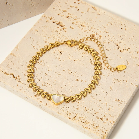 Pulsera De Nácar Con Forma De Corazón Acero Inoxidable Chapado En Oro De 18 Quilates Cadena De Hoja De Trigo