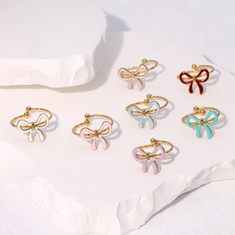 Bow Knot Adjustable Ring Gold Plated Stainless Steel Enamel Drip Oil Twisted Rope Band Sweet Fashion Jewelry For Women